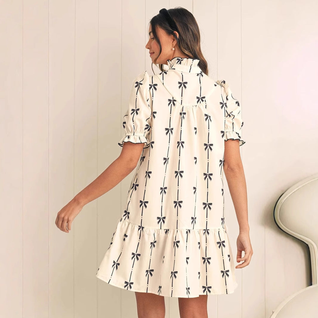 Women's A-line Dress – Light Cotton – Puff Sleeves – Bow Pattern – Above the Knee