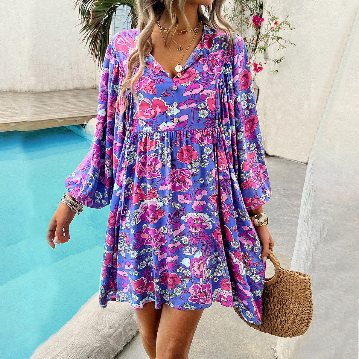 Dress for Women – Mini Length – Relaxed Fit – Lightweight Rayon – V-Neck – Floral Print