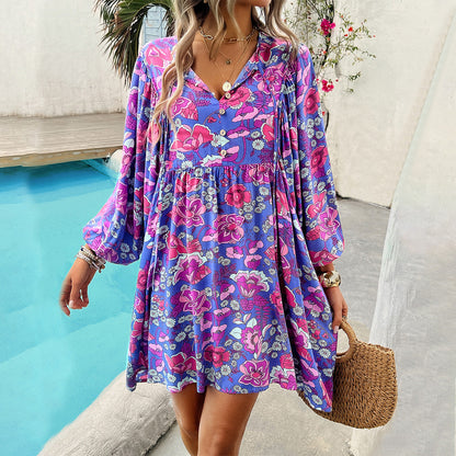 Dress for Women – Mini Length – Relaxed Fit – Lightweight Rayon – V-Neck – Floral Print