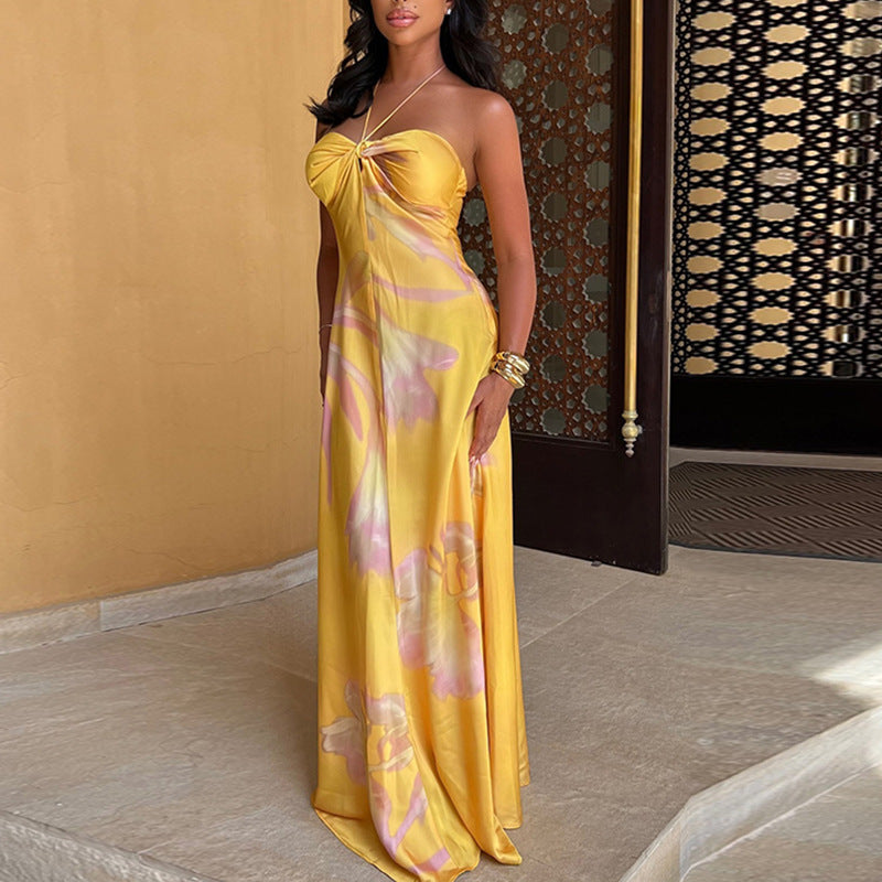 Women's Maxi Dress – Satin – Slim Fit – Halterneck – Strapless – Elegant Print