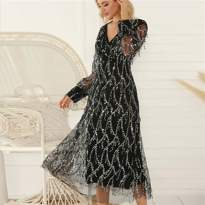 Dress for Women – Long-Sleeved Maxi Dress – Sequin Design with Fringe – V-Neck