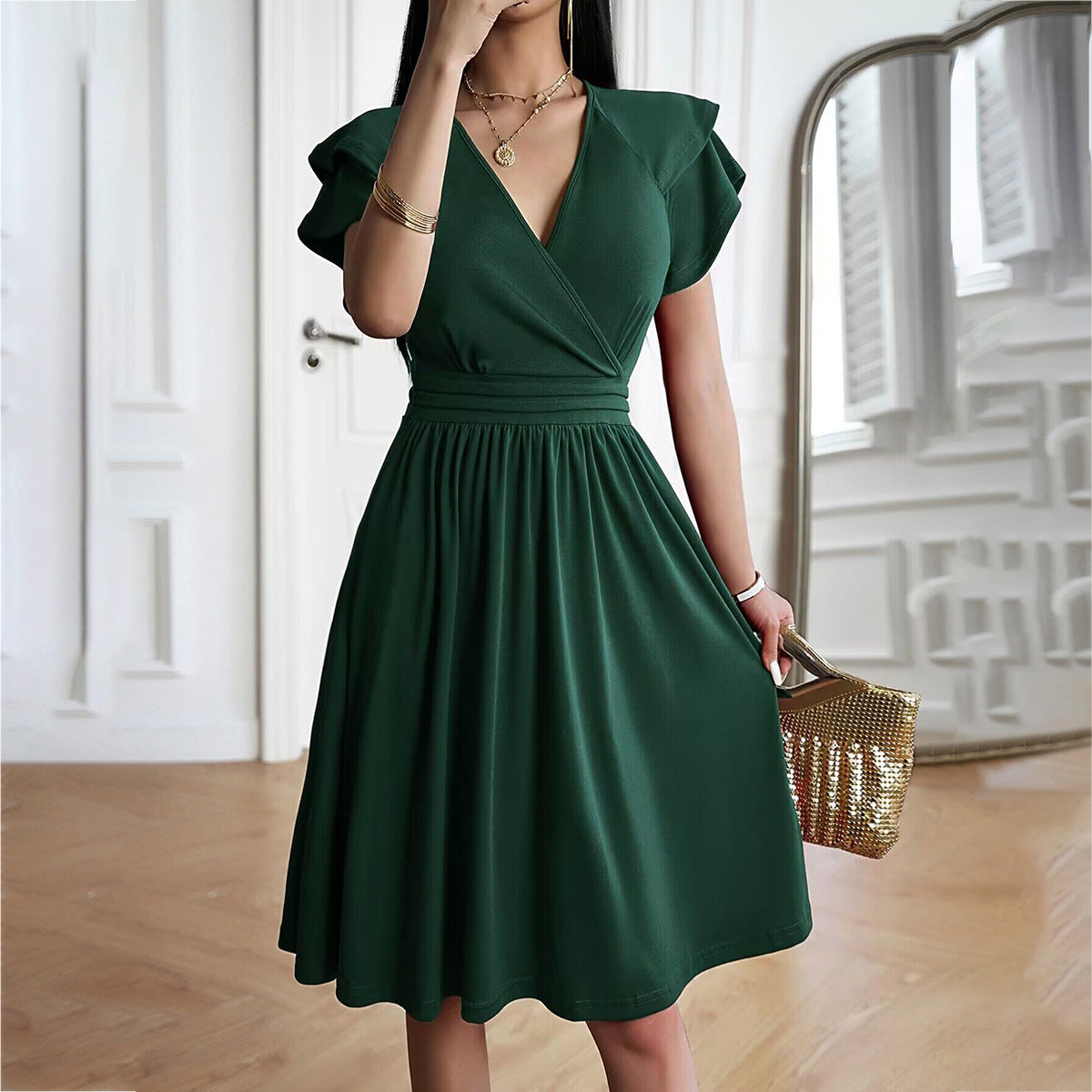 Women's Dress - V-Neck Wrap Design - Short Ruffle Sleeves - Elegant Midi Length Cut