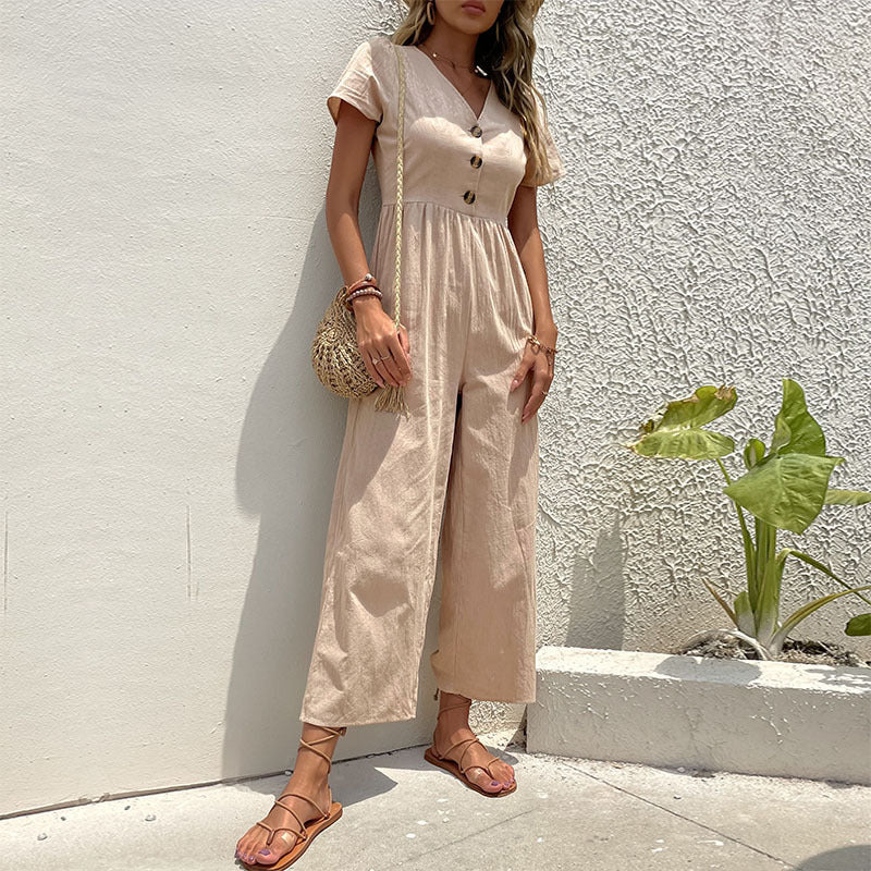 Women's Suit – Linen Blend – Relaxed Fit – Short Sleeves – Wide Legs – Button Closure