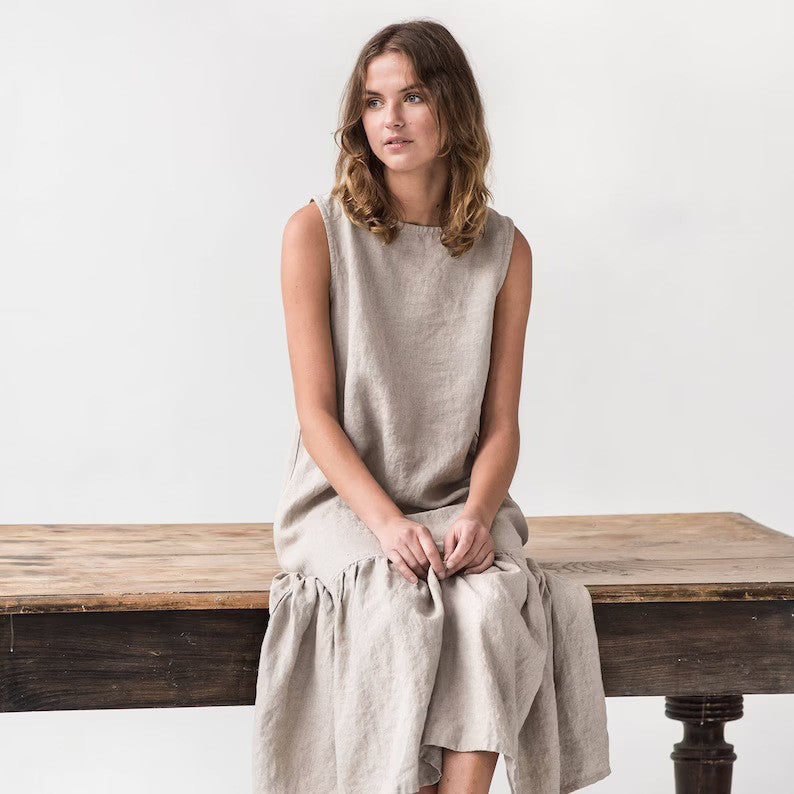 Women's Midi Dress – Sleeveless – Loose Fit – Linen Blend – Ruffle Hem – Casual