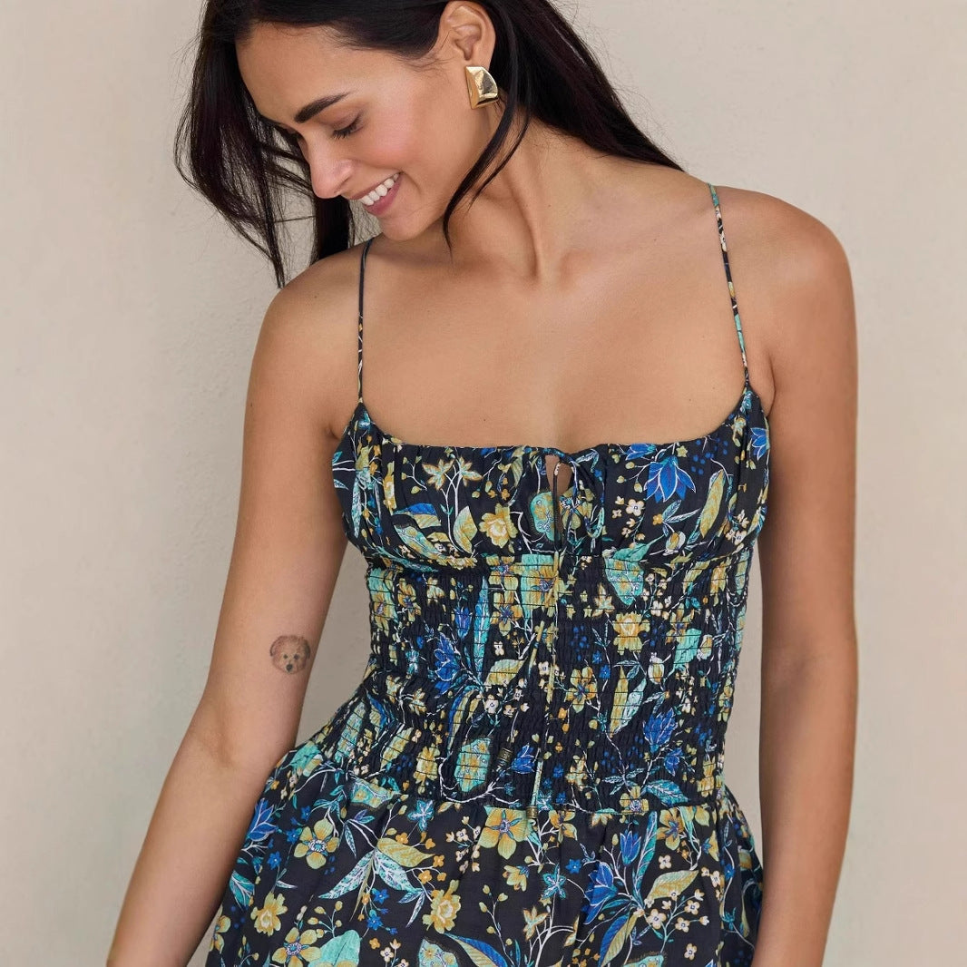 Women's Summer Dress – Light Cotton – Smocked Bodice – A-line – Ruffle Edge – Spaghetti Straps