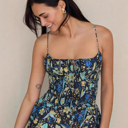 Women's Summer Dress – Light Cotton – Smocked Bodice – A-line – Ruffle Edge – Spaghetti Straps