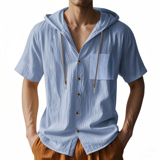 Men's Shirt with Hood – Linen Blend – Relaxed Fit – Short Sleeves – Button Closure
