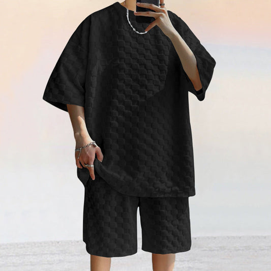 Men's Set – Relaxed Fit – Soft Jacquard Knit – Short-Sleeved T-Shirt and Shorts