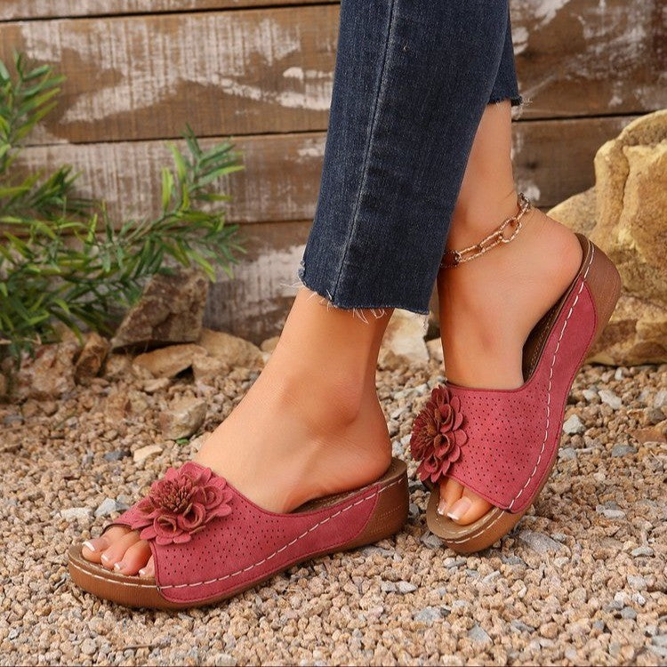 Women's Wedge Heel Sandals – Open Toe – Floral Detail – Perforated Upper