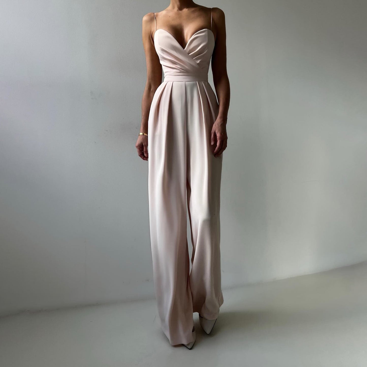 Women's Jumpsuit – Elegant Fit – Heart Neckline – Ruched Bodice – Wide Legs