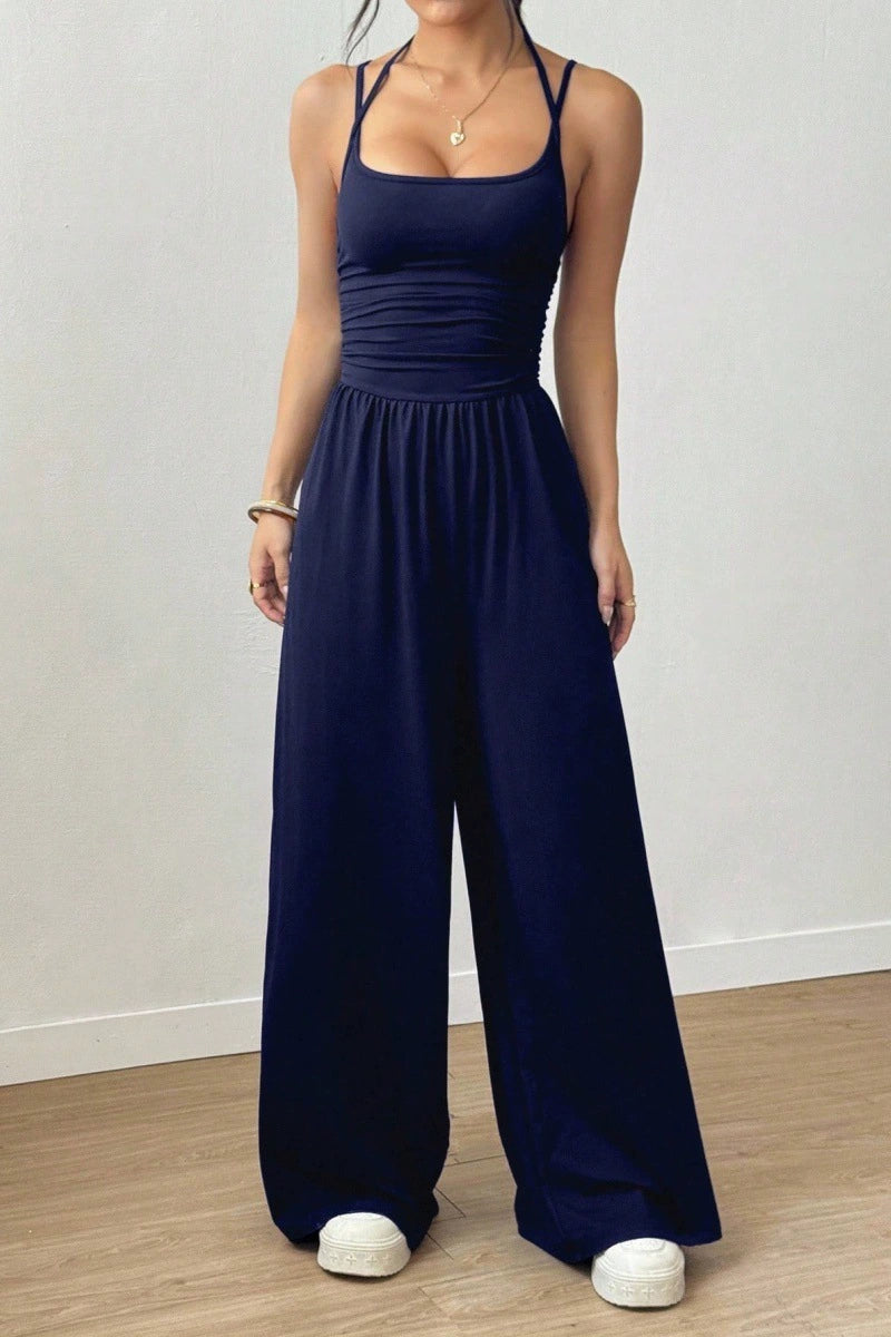 Women’s Halter Wide-Leg Jumpsuit – Ruched Waist  – Flowy Summer Fit