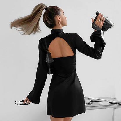 Women's Mini Dress – Satin Fabric – Fitted Fit – Ruffle Sleeves – High Collar