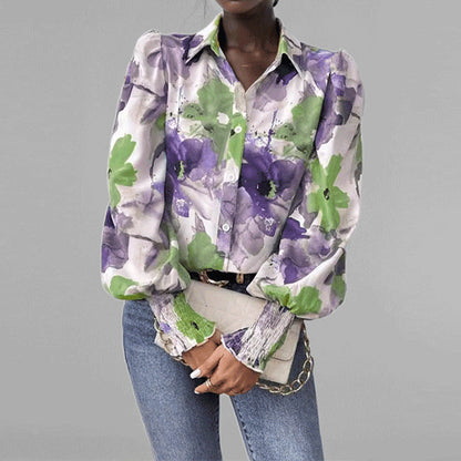 Women's Shirt – Oversized Fit – Ruffle Sleeves – Floral Print – Smocked Cuffs