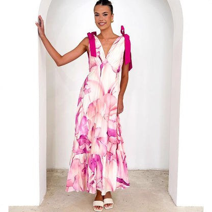 Women's Maxi Dress – Light and Breathable – Sleeveless V-neck – Tie Belt – Printed Design