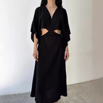 Dress for women – Maxi length – Slim fit – V-neck – Cut-out waist – Slit