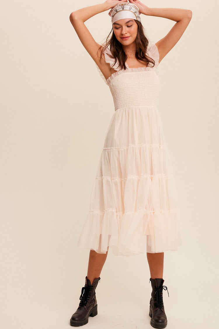 Women's Dress – Smocked Bodice – Layered Mesh Skirt – Sleeveless with Ruffle Details