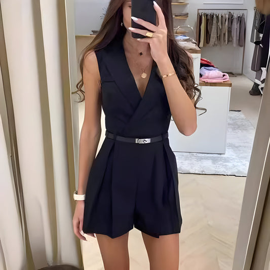 Women's Jumpsuit – Sleeveless – Tailored Fit – Deep V-neck – Belted Waist – Soft Breathable Material
