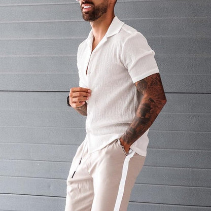 Men's Shirt with Short Sleeves – Cotton Linen Blend – Loose Fit – Button Closure