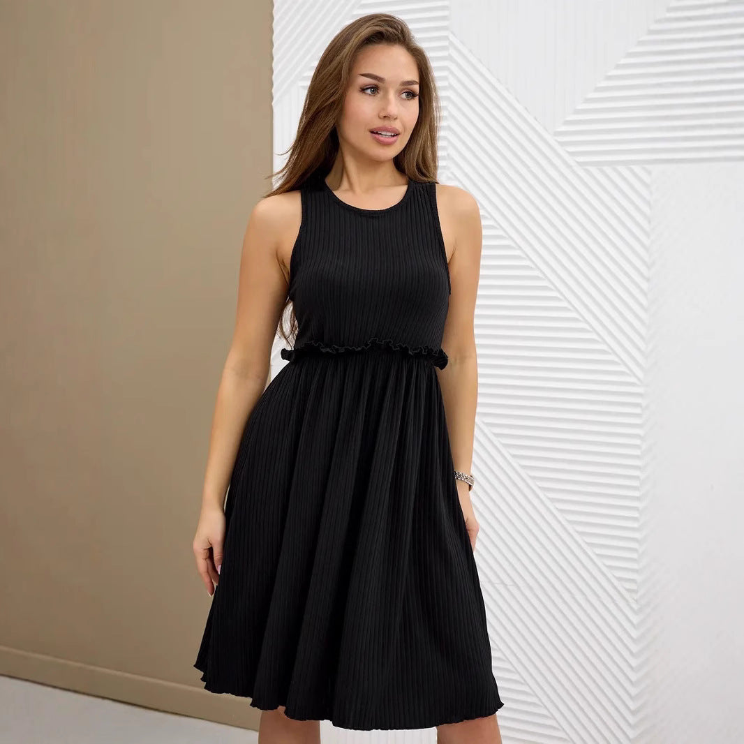Women's Midi Dress – Sleeveless A-line Fit – V-neck – Button Closure – Waistband