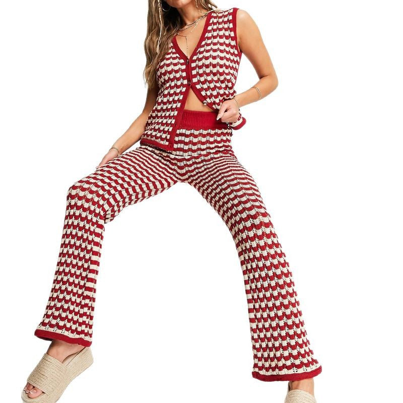 Women's Set with Vest and Pants – Knit – V-Neck – Buttons – Wide Legs – Elastic Waist