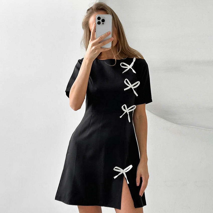 Women's A-line Dress – Short Sleeved – Round Neck – Bow Details – Mini Elegant Fit