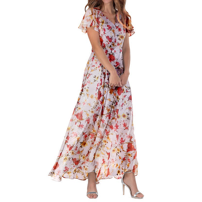 Women's Maxi Dress – A-line Fit – V-neck – Short Sleeves – Light and Elegant