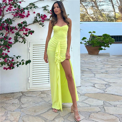 Dress for Women – Slim Fit Maxi Dress – Halterneck – Draped with Slit – Soft Stretch