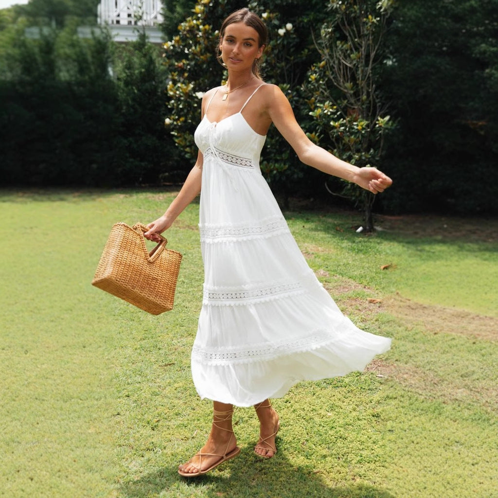 Women's Dress – Light Cotton Blend – Flowy Fit – Spaghetti Straps – Lace – Midi