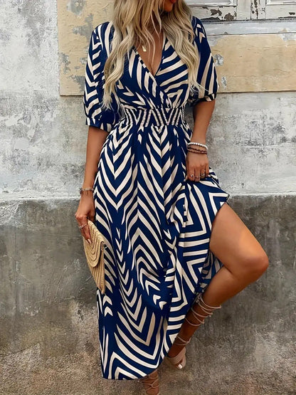 Women's Midi Dress – A-Line Cut – Lightweight and Breathable – V-Neck Wrap – Puff Sleeves – Belt