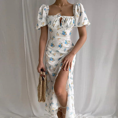 Women's Floral Dress - Short Sleeve - Ruffled Waist - Midi Length - Light and Airy