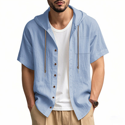 Men's Shirt with Hood – Linen Blend – Relaxed Fit – Short Sleeves – Button Closure