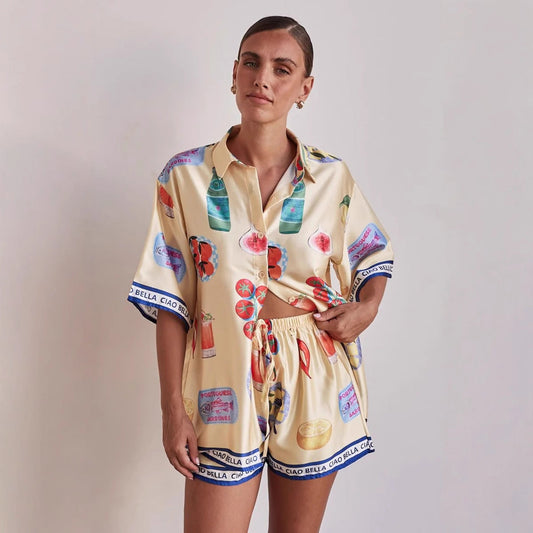 Women's Lounge Set – Satin Look – Relaxed Fit – Short-Sleeved Shirt and Shorts