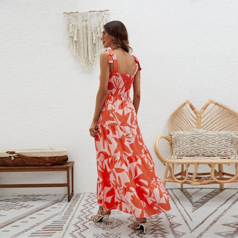 Women's Maxi Dress – Light Cotton – Fitted Bodice – Tie Straps – Tiered Skirt