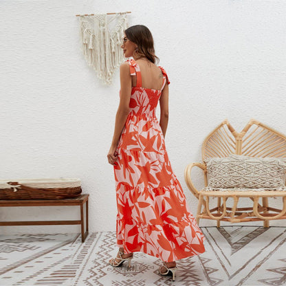 Women's Maxi Dress – Light Cotton – Fitted Bodice – Tie Straps – Tiered Skirt