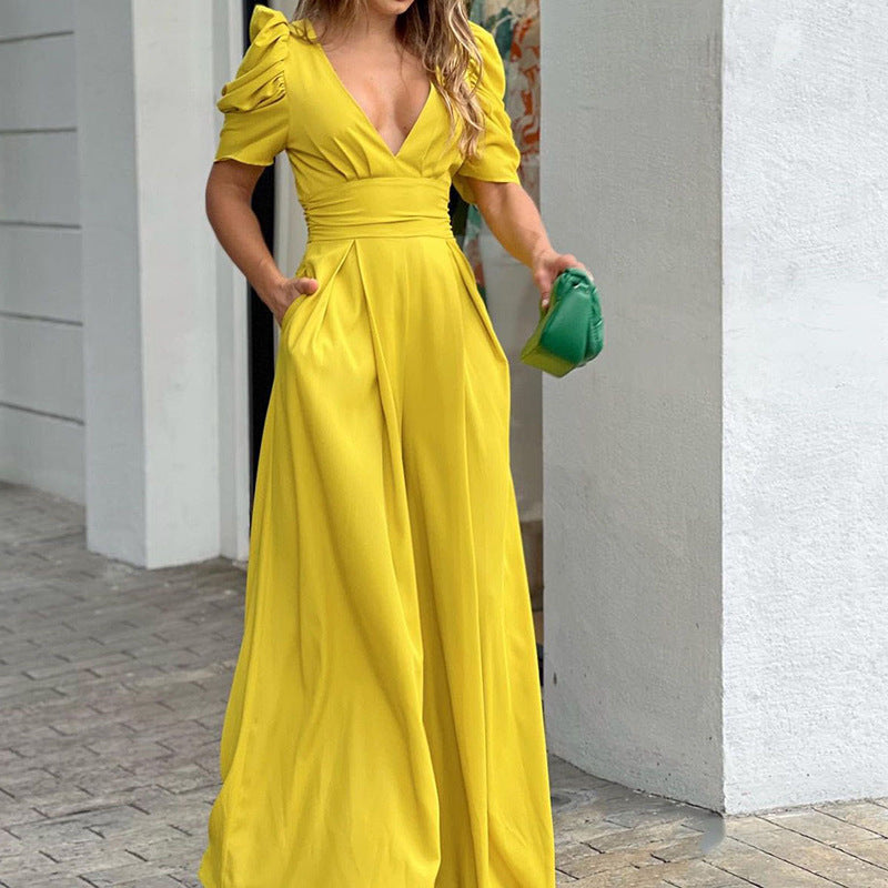 Women's Jumpsuit – Wide Legs – Puff Sleeves – V-Neck – Defined Waist – Elegant Cut