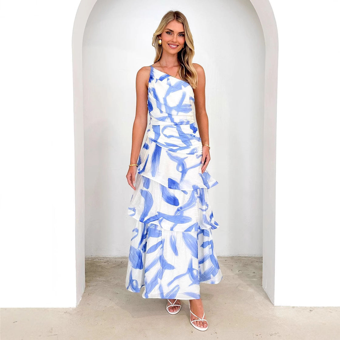 Dress for Women – Maxi Dress with Asymmetric Shoulder – Ruched Bodice – A-line Layer