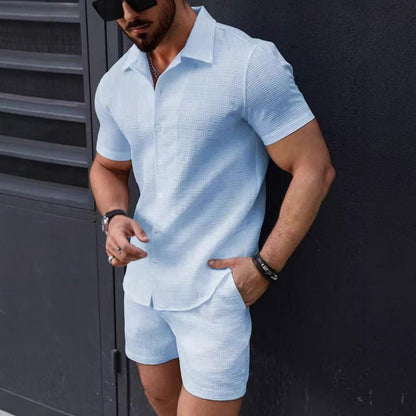 Men's Set – Slim Fit Shirt with Buttons & Shorts – Breathable Comfortable Fit