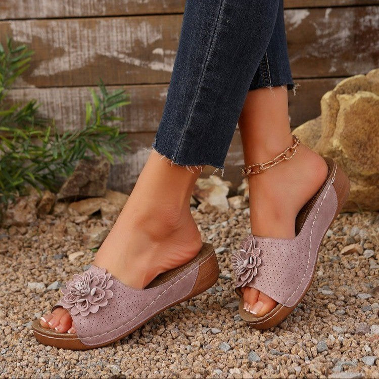 Women's Wedge Heel Sandals – Open Toe – Floral Detail – Perforated Upper