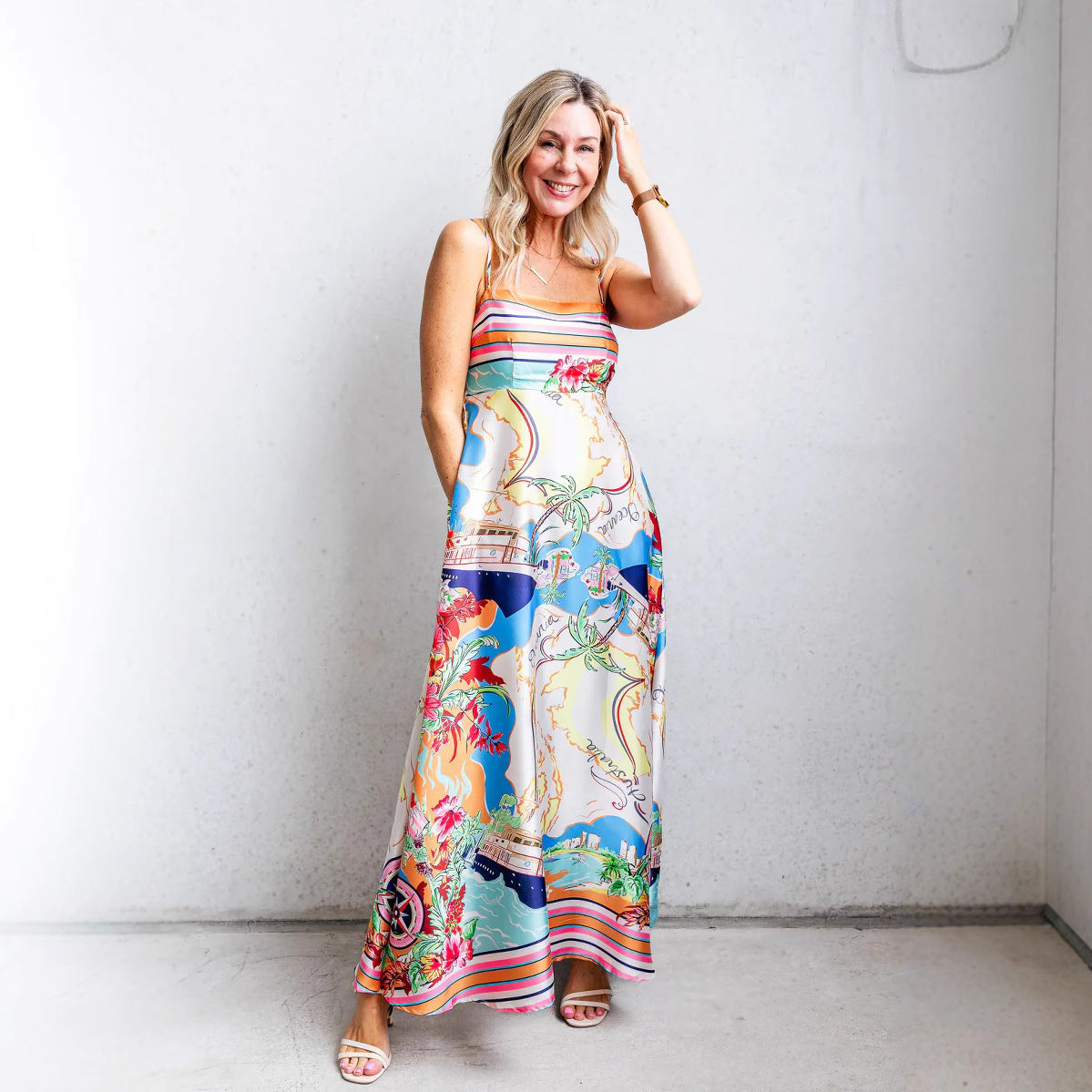 Women's Sundress – A-line Fit – Light Cotton Blend – Spaghetti Straps – Full Length