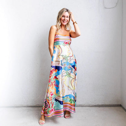 Women's Sundress – A-line Fit – Light Cotton Blend – Spaghetti Straps – Full Length