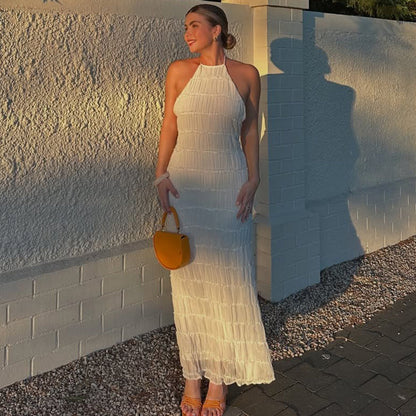 Women's Maxi Dress – Fitted Silhouette – Halterneck – Ruched Texture – Open Back