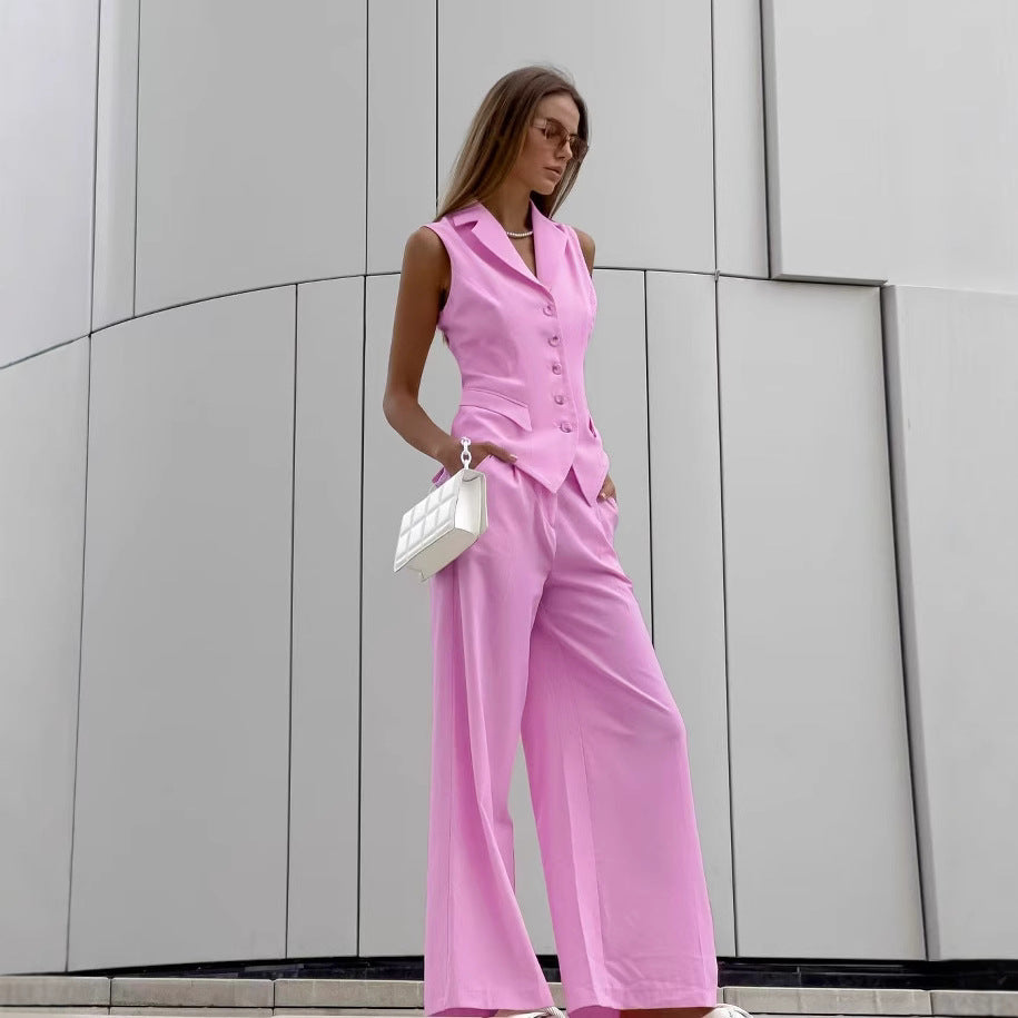 Women's Two-Piece Set – Tailored Sleeveless Vest – High Waist Wide-Leg Pants