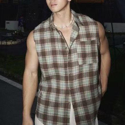 Men's Sleeveless Shirt – Loose Fit – Button Closure – Breathable Plaid Casual Style