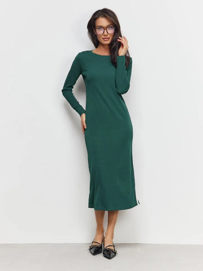 Women's Maxi Dress – Slim Fit – Ribbed Knit – Long Sleeves – Side Slit