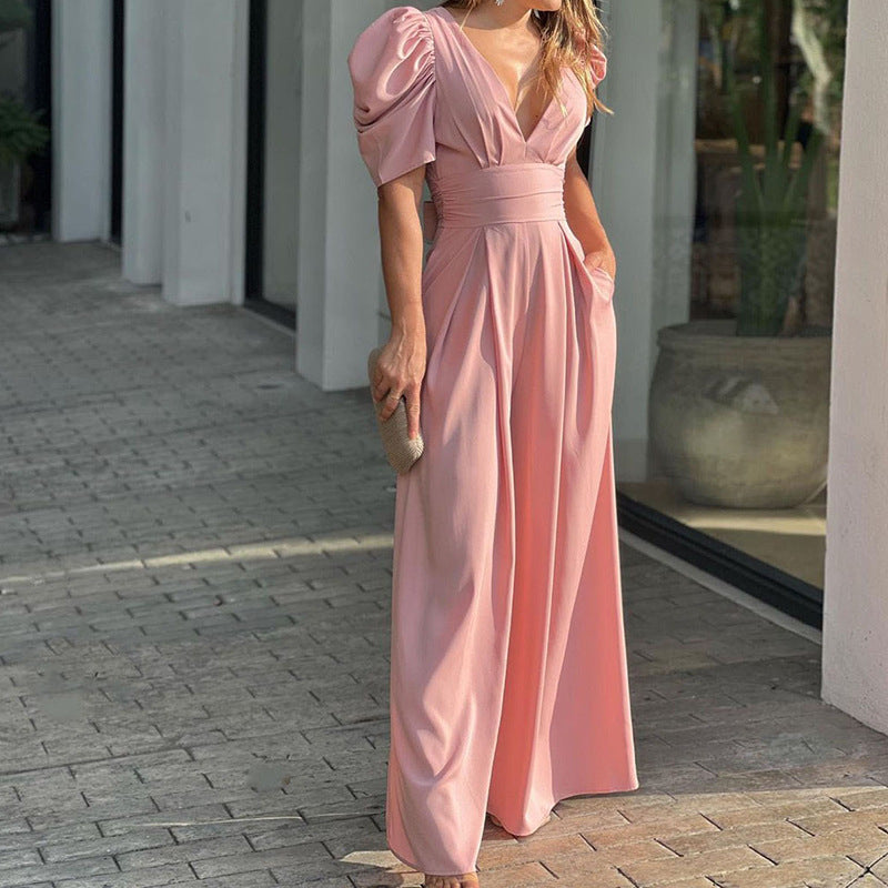 Women's Jumpsuit – Wide Legs – Puff Sleeves – V-Neck – Defined Waist – Elegant Cut