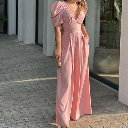 Women's Jumpsuit – Wide Legs – Puff Sleeves – V-Neck – Defined Waist – Elegant Cut