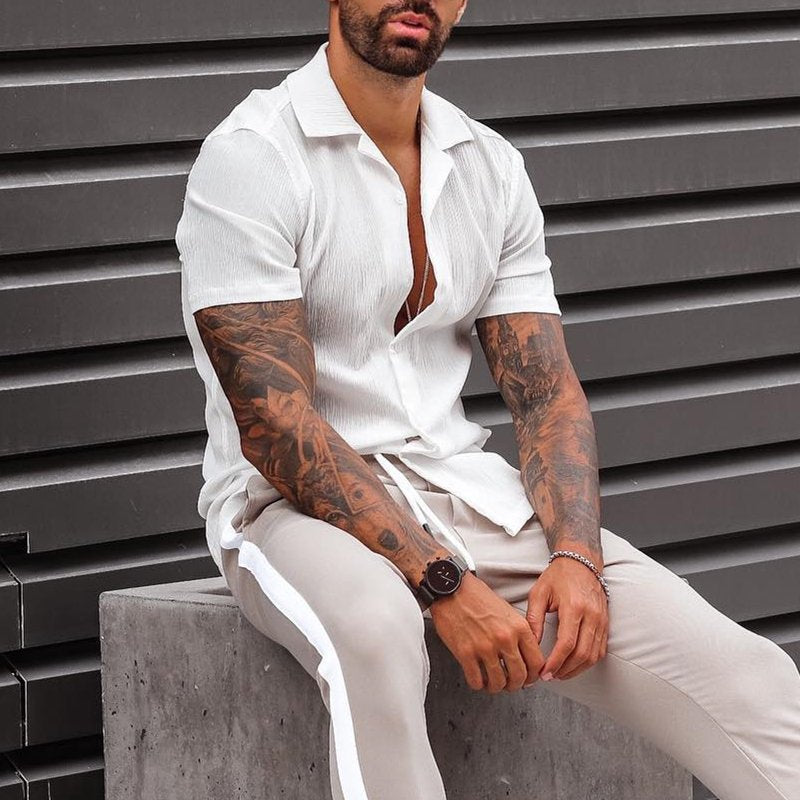 Men's Shirt with Short Sleeves – Cotton Linen Blend – Loose Fit – Button Closure