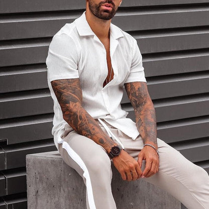 Men's Shirt with Short Sleeves – Cotton Linen Blend – Loose Fit – Button Closure