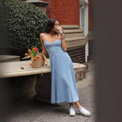 Women's Midi Dress – Slim Fit – Spaghetti Straps – Sweetheart Neckline – Denim Look