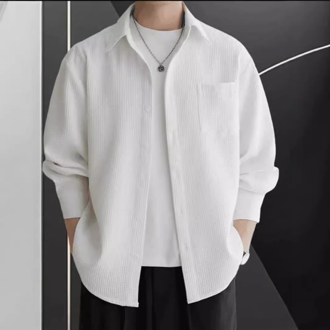 Men's Shirt – Waffle Knit – Oversized Fit – Long Sleeve – Button Closure Casual